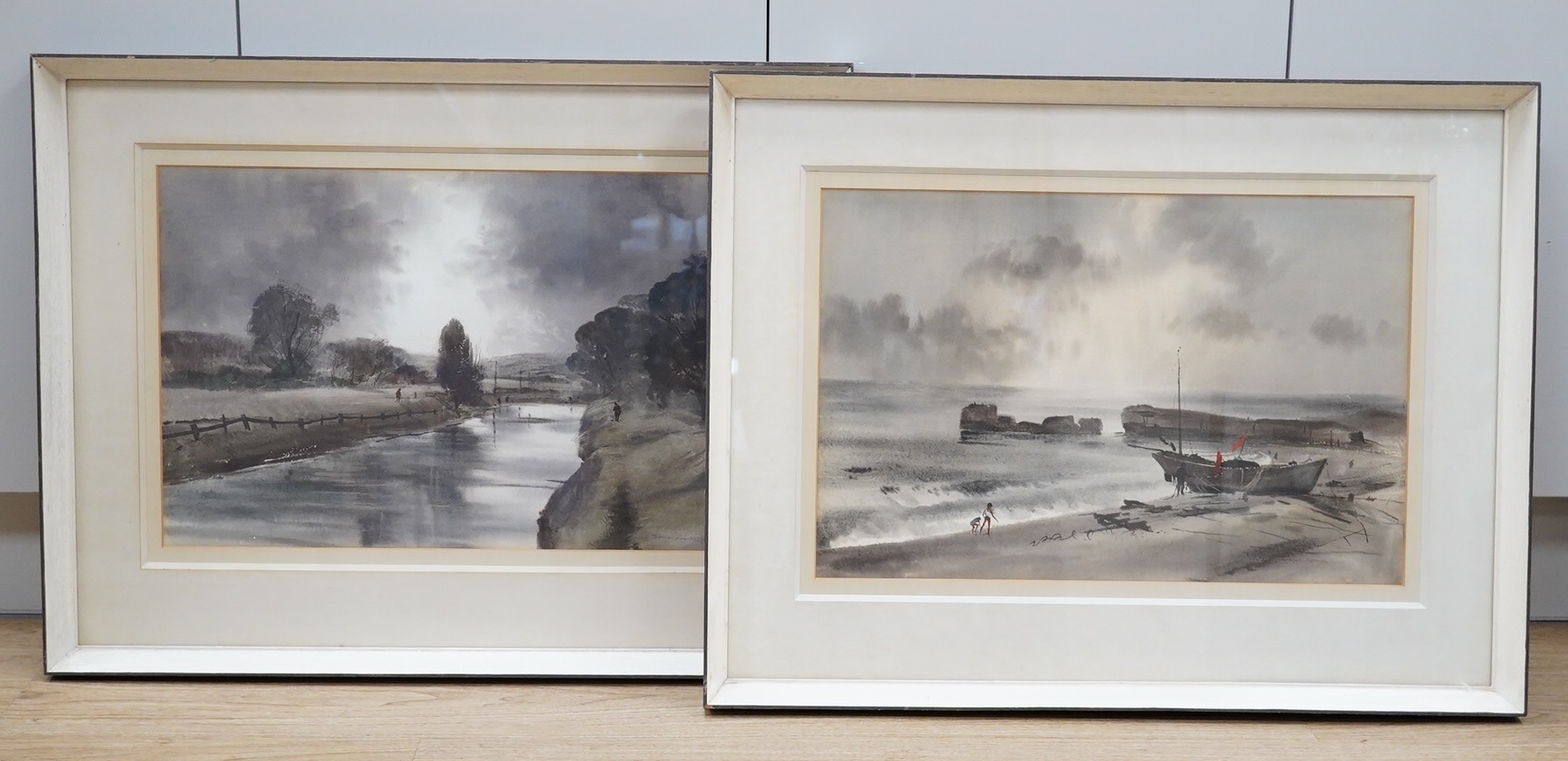 Thomas Liverton (1907-1973), pair of watercolours, Riverscape and The Sea Wall, Hastings, one signed, 37 x 54cm. Condition - good